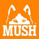 Hvid stiliseret husky-hoved-logo på orange baggrund med ordet 'mush' i fed hvid skrift nedenunder.
