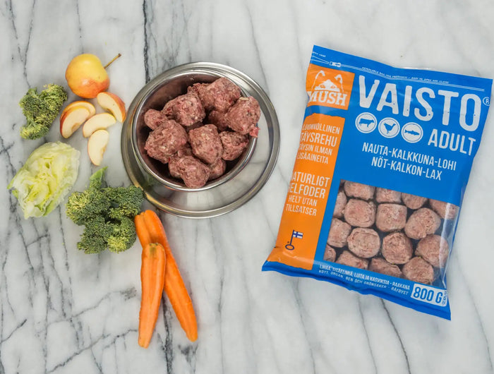 Blå og orange emballeret Vaisto-mærke voksen hundemad med et klart vindue, der viser køttbollerne indeni.